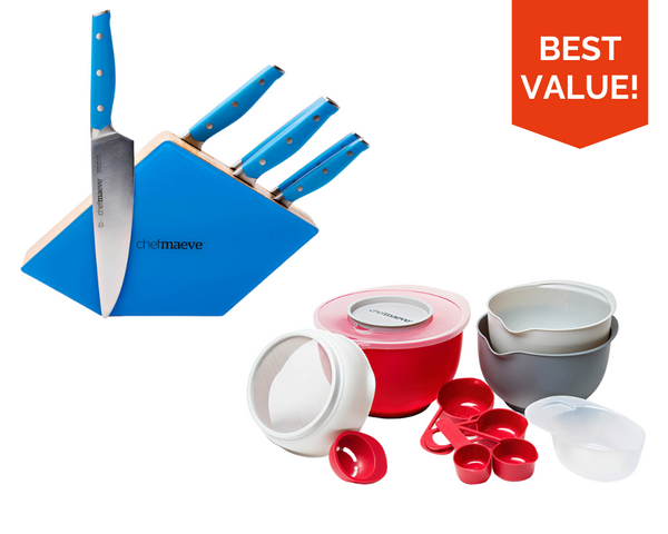 Ultimate Chef Maeve Bundle: Blue Color Pop Knife Set & 12 Piece Baking Set