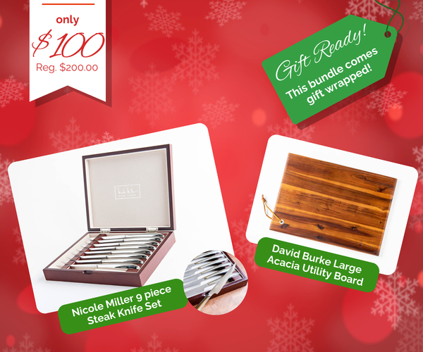 HOLIDAY GIFT BUNDLE! 9 Piece Steak Knife Set and Large Acacia Utility Board